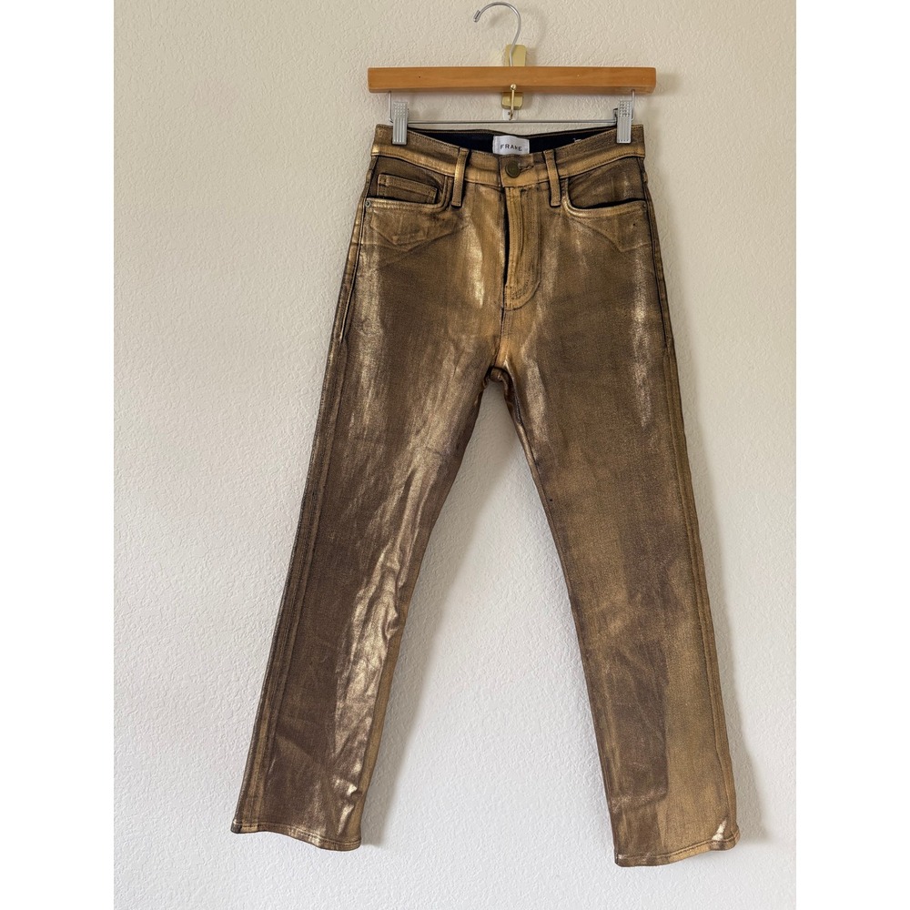 FRAME Le High Straight Jeans Gold Chrome Metallic Foil Pants Size 27 Grunge